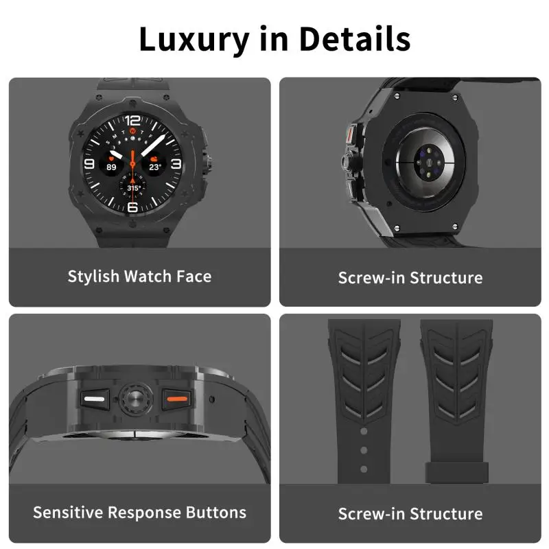 Kit de modificación de Metal de lujo para Samsung Galaxy Watch Ultra 47mm funda de carbono correa de goma para Galaxy Watch 7 Ultra 47mm