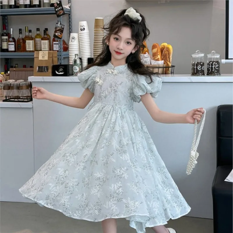 2025 Korean Summer Teenager Girl One-piece Dress School Girl Bubble Sleeve Flower Embroidery Dress Junior Girl Cheongsam Dress