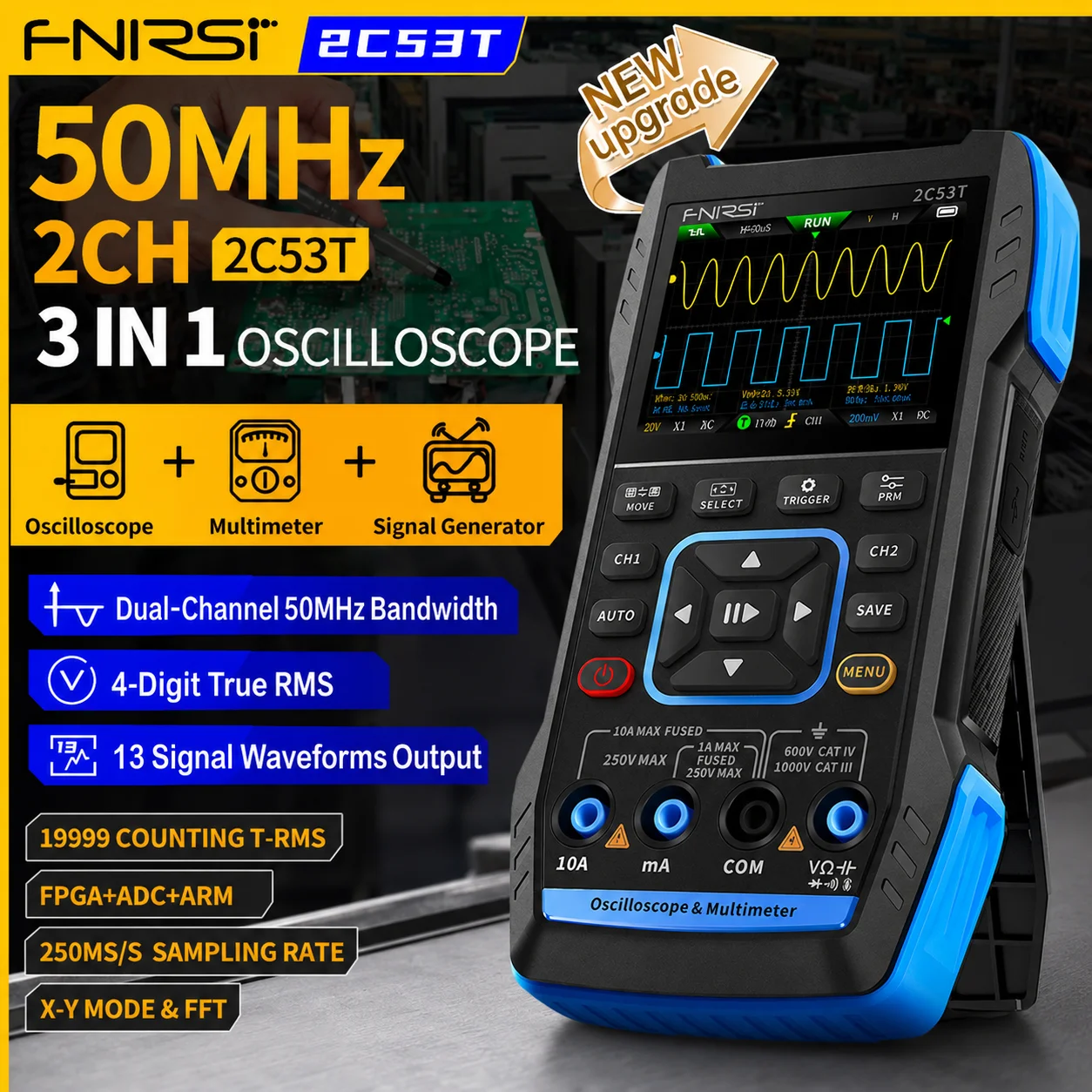 FNIRSI 2C53T 2C23T Upgraded 3in1 Handheld Digital Oscilloscope Multimeter DDS Generator 50MHz 250MS/s Dual Channel 20000 Counts