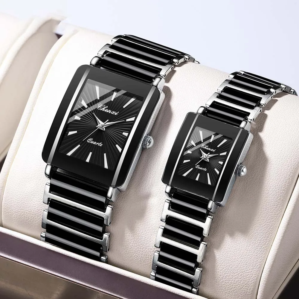 CHENXI New Couple Quartz Watches for Women and Men Ceramic Strap Waterproof Gold Women Wristwatch Square Men Clock