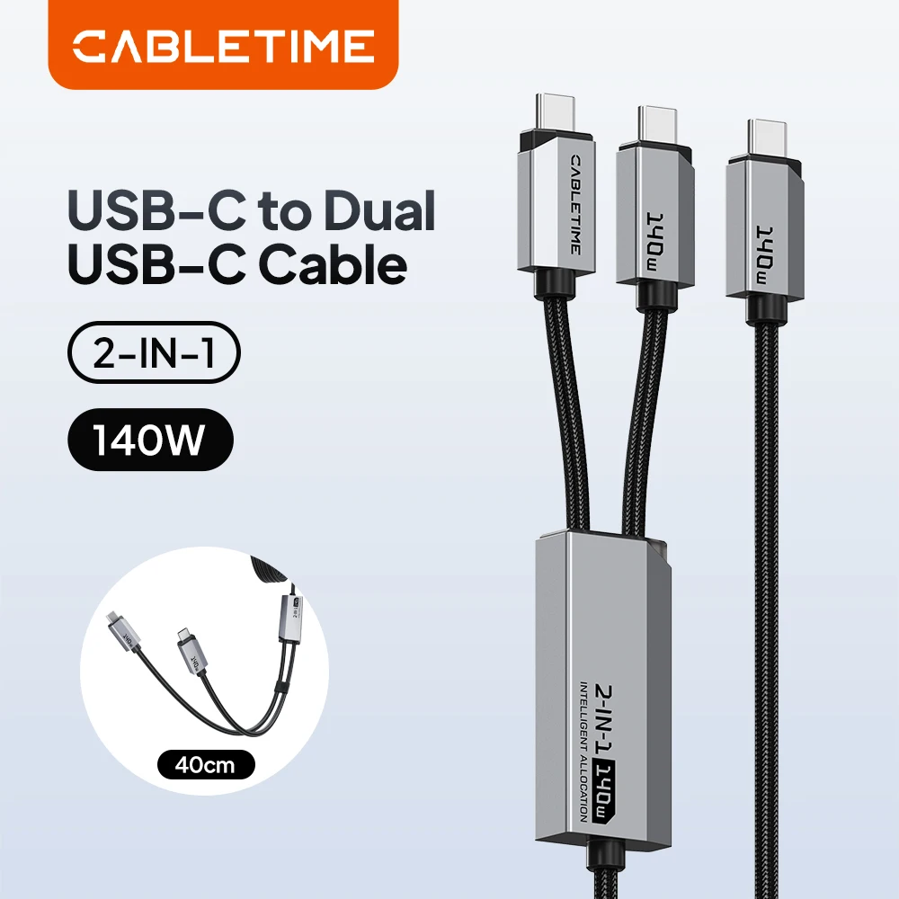 CABLETIME 2 IN 1 USB C to Dual USB C Cable LED Light 140W Fast Charging 480Mbps High Speed Transmission for Laptop iPhone 17
