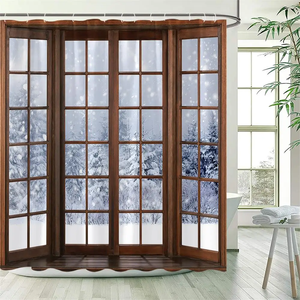 Winter Forest Shower Curtains Brown Window Park Snow Nature Landscape Polyester Cloth Washable Bathroom Curtain Decor with Hooks