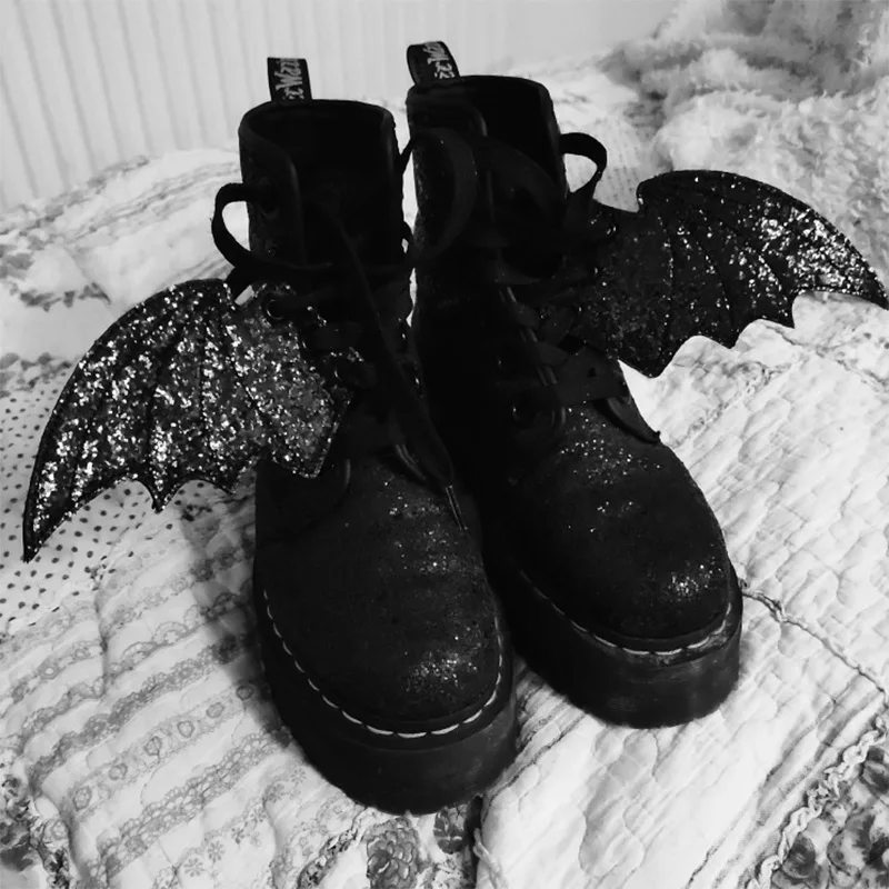 Glitter Black Shoes Bats Wings for Ice Skate Sneaker Flying Winter Boots Bat\'s Wing Kids Shoes DIY Accessories Wings Gift Runner