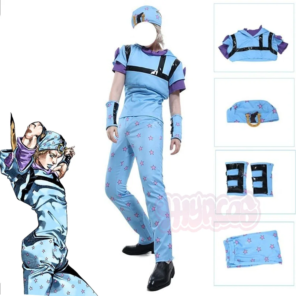 Anime Joestar Cosplay Cowboy-Kostüm Komplettset Blaues Oberteil Hose Hut Cos Anime Halloween Bühnenauftritt Kostüm