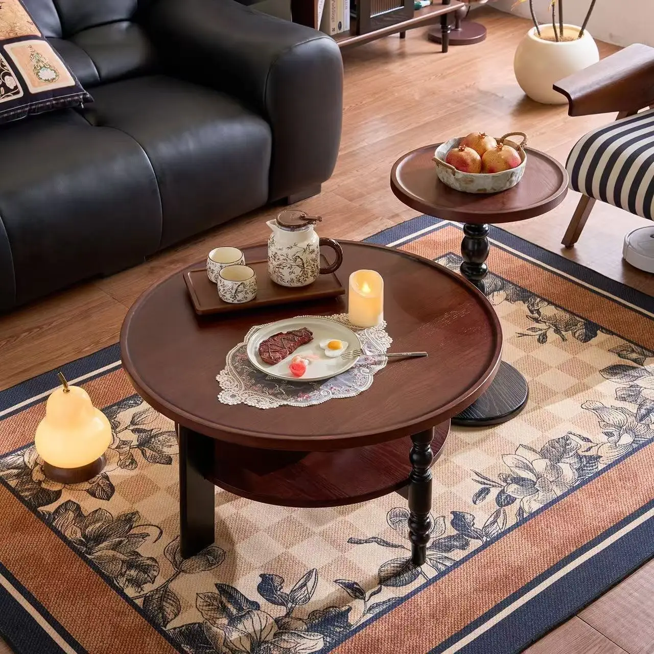 

French Walnut Solid Wood Coffee Table Round SideTable Mid-Style Living Room Small Apartment Storage Vintage LowTable