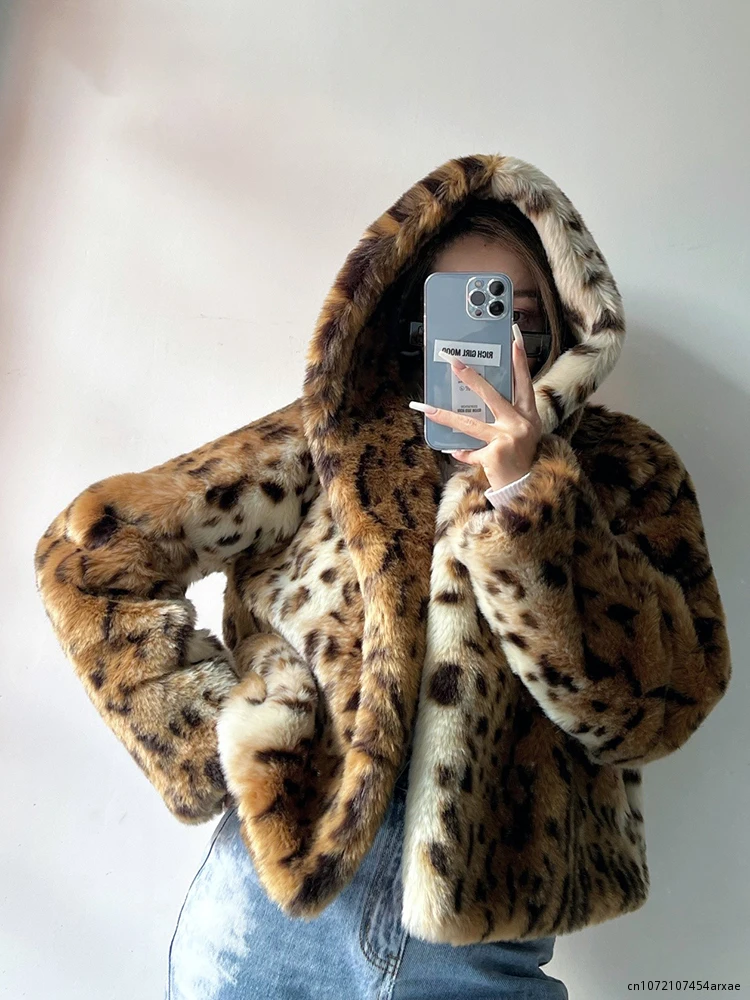 

Winter Short Thick Warm Leopard Print Faux Fur Coat Women with Hood Raglan Long Sleeve Hot Girl Loose Soft Fluffy Jacket