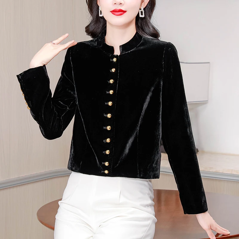 Retro Faion Bla terciopelo seda ort Jaet mujer cuello alto largo Sve Top Otoño Invierno Thiened Color abrigo