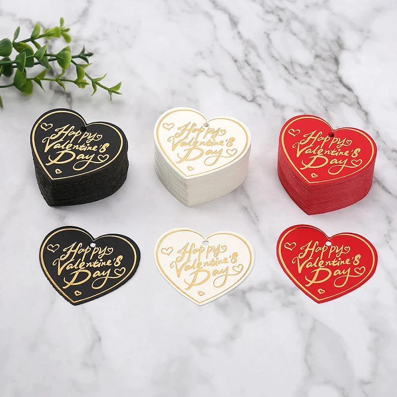 100pcs Bronzing Heart Happy Valentine Days Tags Garment Gift Flower Hanger Tag Paper  Valentines Pendant Party Supply