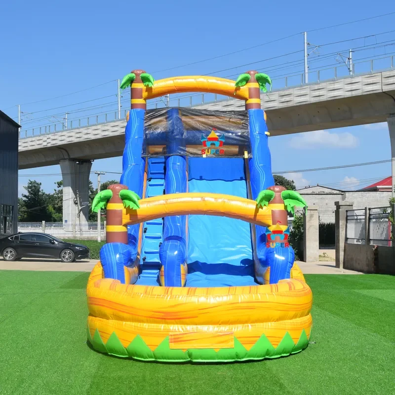 Inflatable Water Slide with Palm Trees Marble Yellow Design Outdoor Kids Water Playgrounds for Summer Challenge & Outdoor Fun