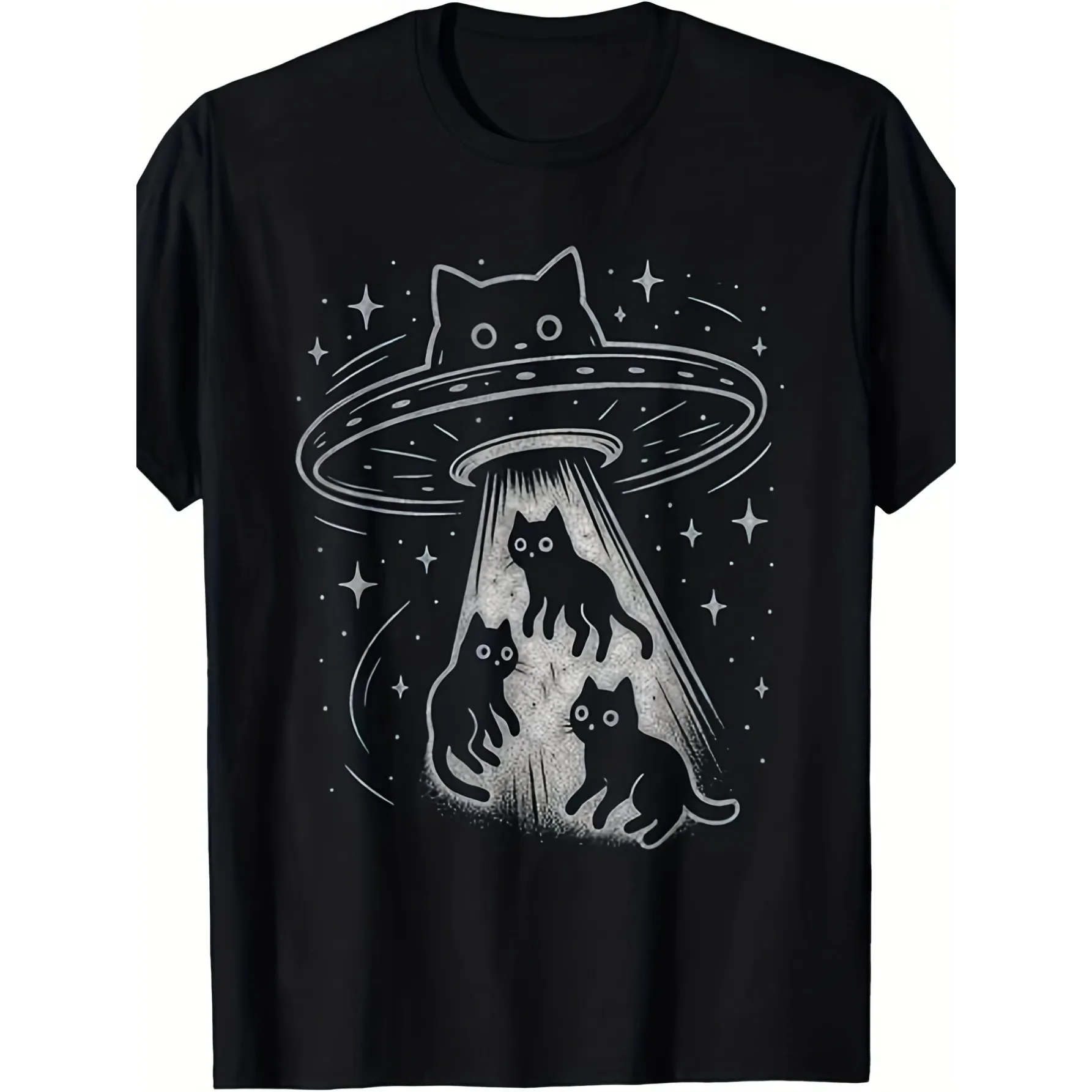 Funny Cat UFO Graphic Tee Men Casual Short Sleeve Cotton T-Shirt Cute Alien Print Round Neck