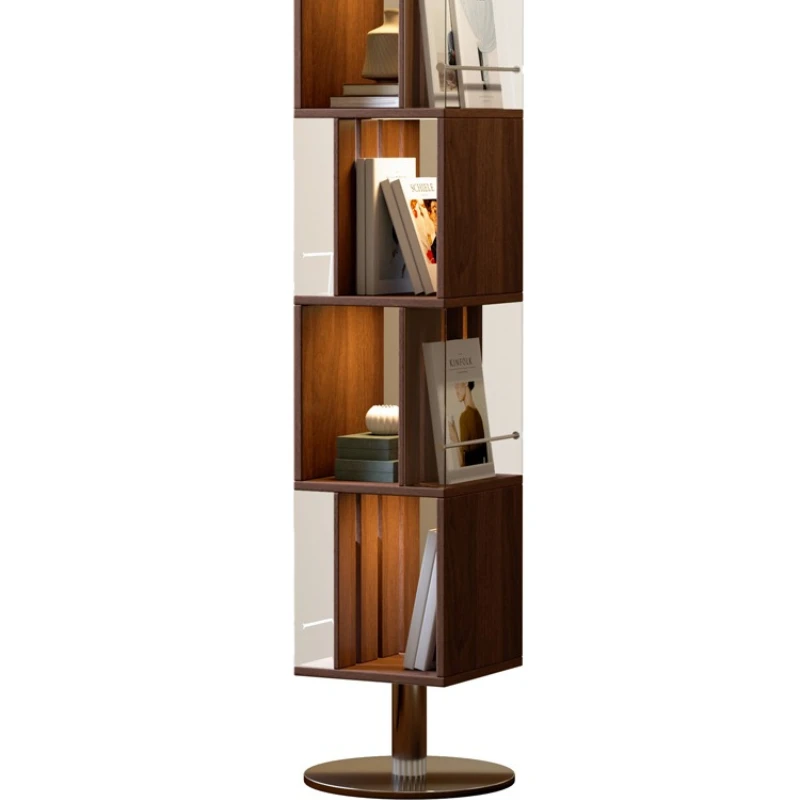 

Black rotating floor-to-ceiling bookshelf, with ambient light, solid wood magazine storage, medieval retro bookcase