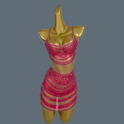 Luxury Birthday Elegant Dress Women Rose Red Crystals Diamond Mesh Prom Gowns Cocktail Dresses Celebrate Show Wear Fanwan