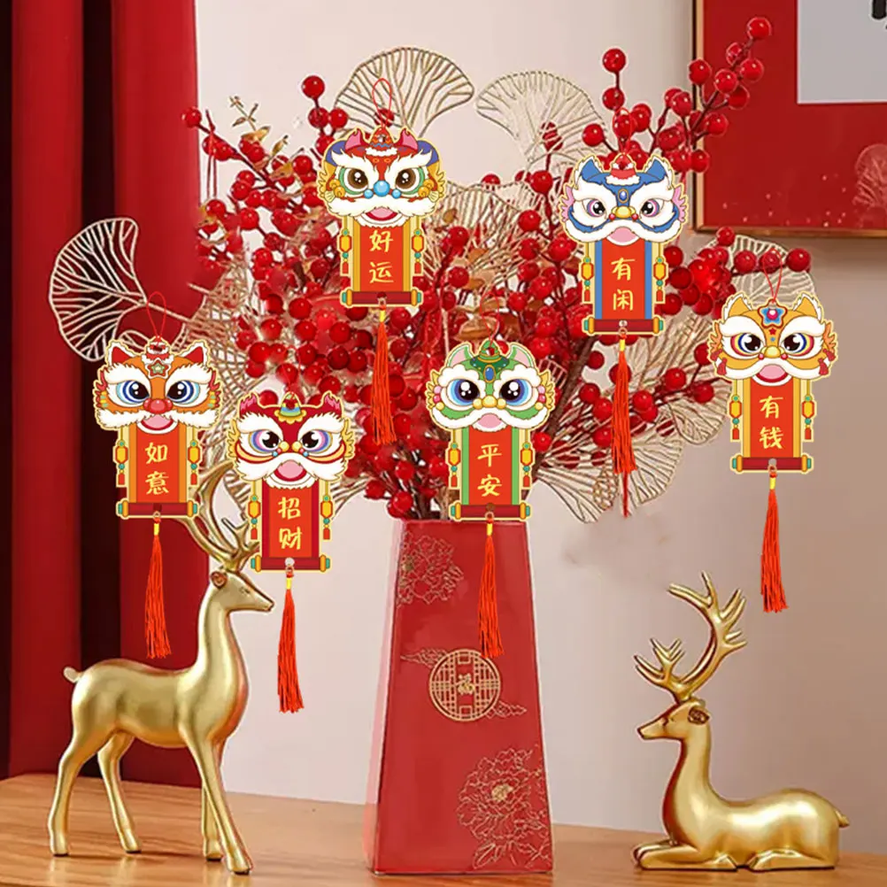 

6 Pcs New Year Pendant Thick Paper Lion Head Hanging Decor Spring Festival Bonsai naments Home Office Chinese Style Lucky Red
