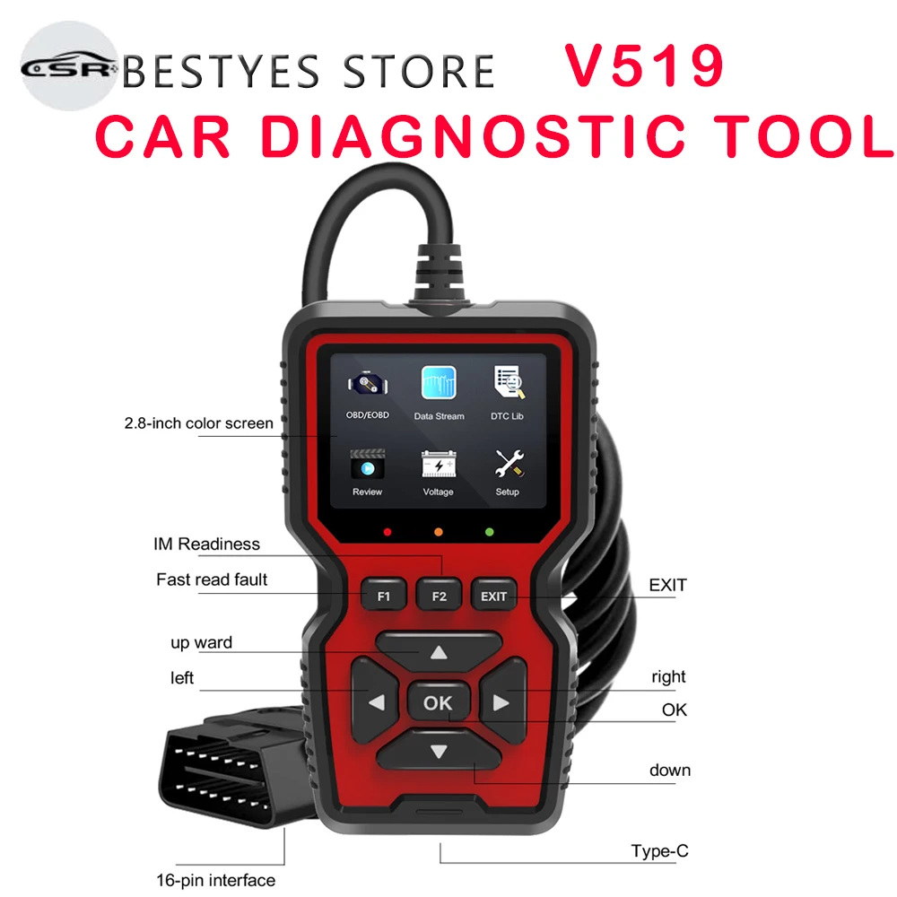 Car Diagnostic Tool V519 Real-time Oxygen Sensor Test Automobile Fault Detector ELM327 OBD II EOBD Code Reader