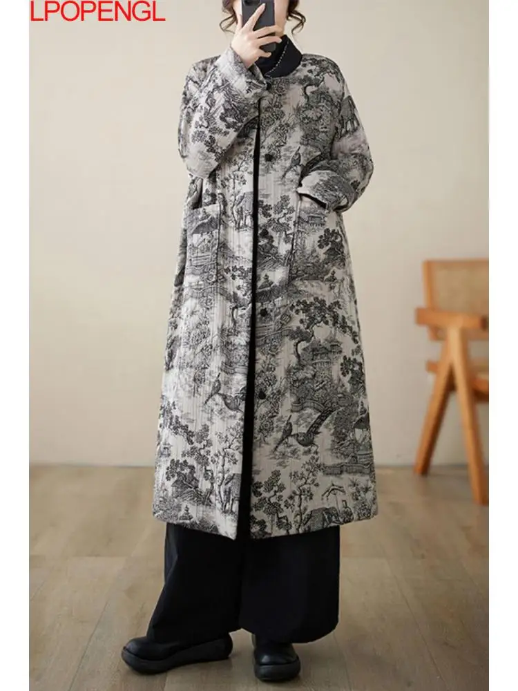 

Chinese Ink And Chinese Style Long Cotton Clothes Women's Winter Retro Print Warm Thickened Long Sleeves Single Breasted Jacket