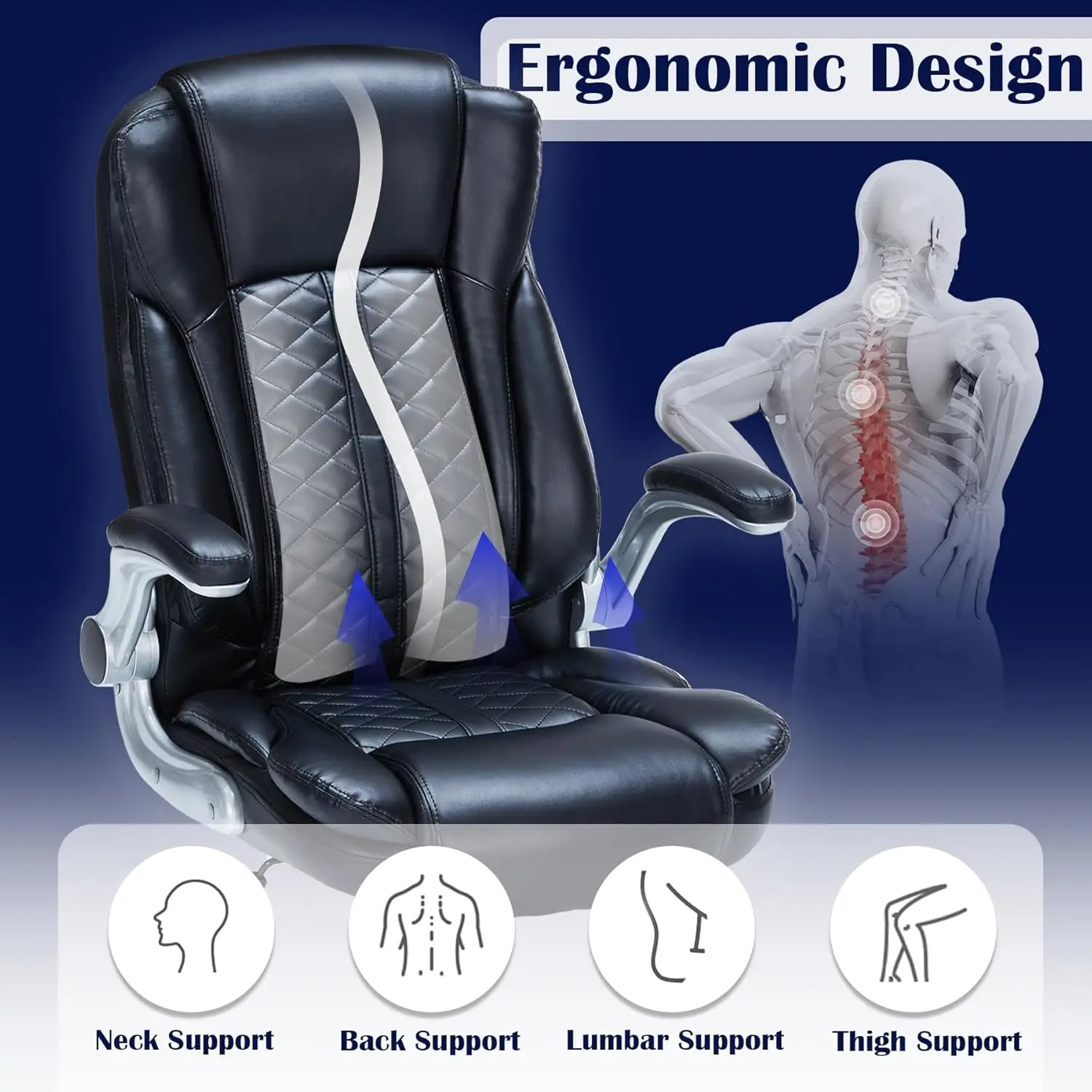 400lbs Executive Office Chair with Flip-Up Armrests, Big and Tall Ergonomic Computer Chair, Breathable PU Leather (Black)