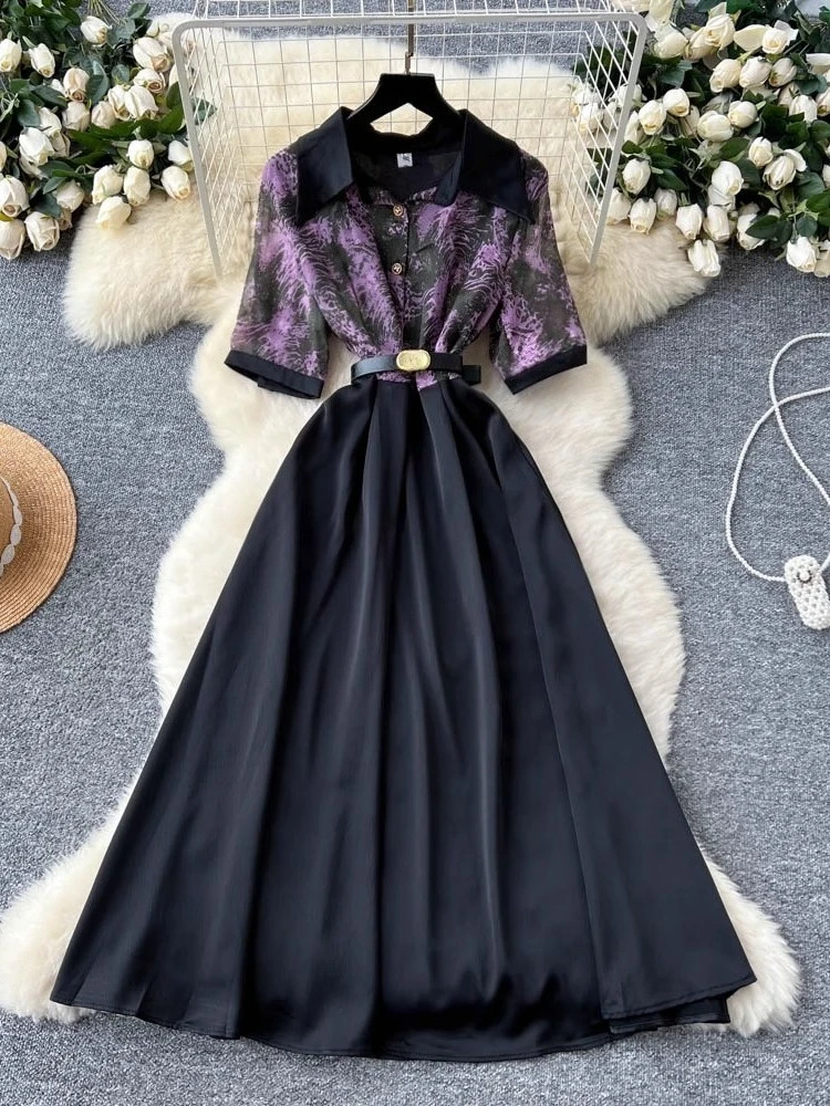 

2025 Summer New Dresses Turn Down Collar Short Sleeve Print Contrast Color Belt Vestidos De Mujer Fashion Vintage Women Clothing