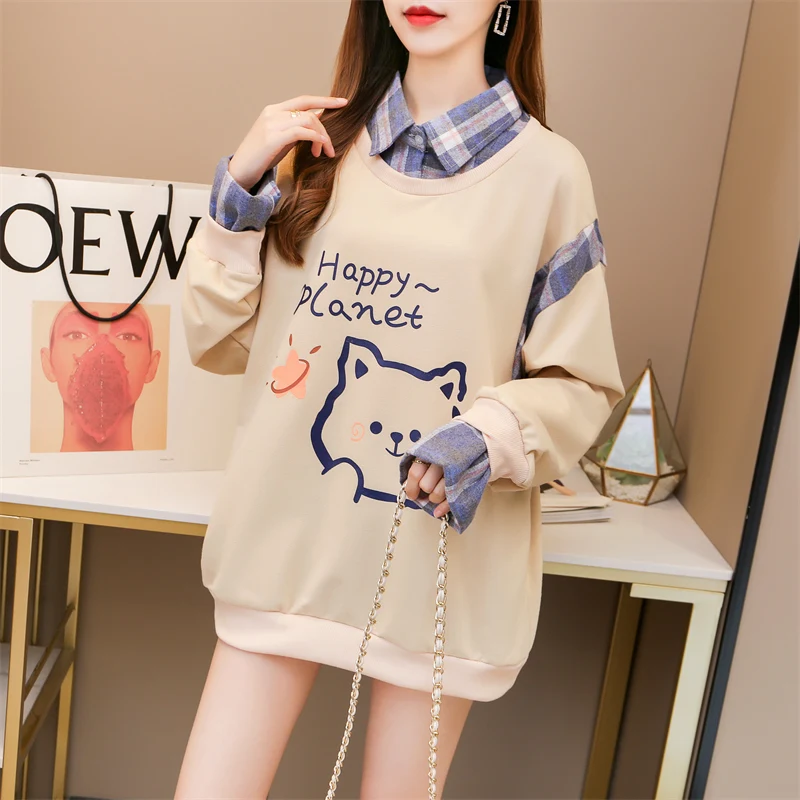 Hooded Sweatshirts Women Streetwear Hot Letter Tide Solid Casual Thin Long Sleeve Fake Two Piece Loose All Match Pullover Tops