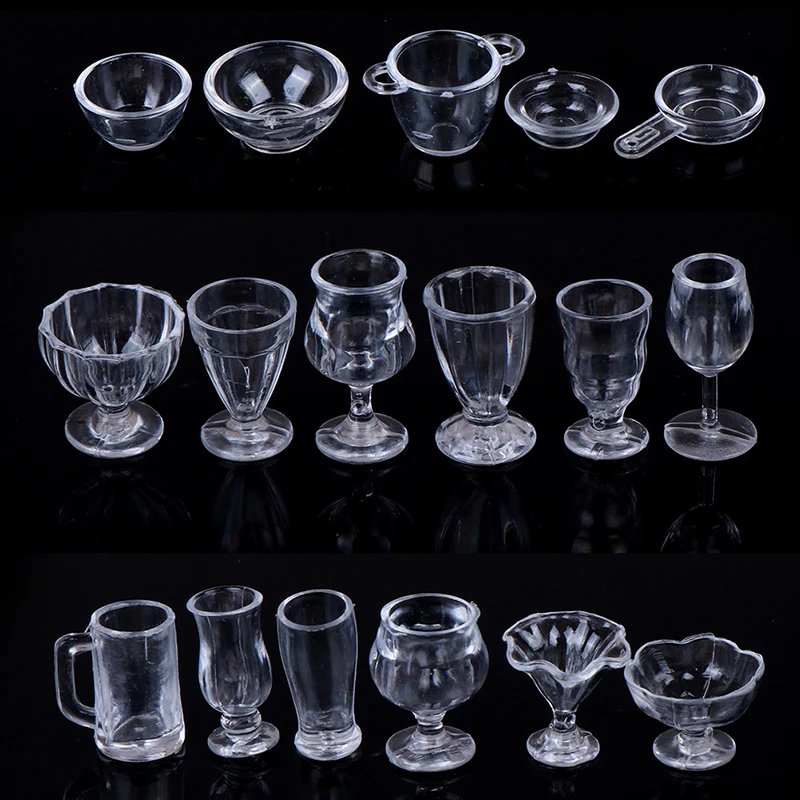 17Pcs/Set 1/12 Dollhouse Miniatures Simulation Tableware Mini Cup Ice Cream Bowl Plastic Model Transparent Goblet Accessories