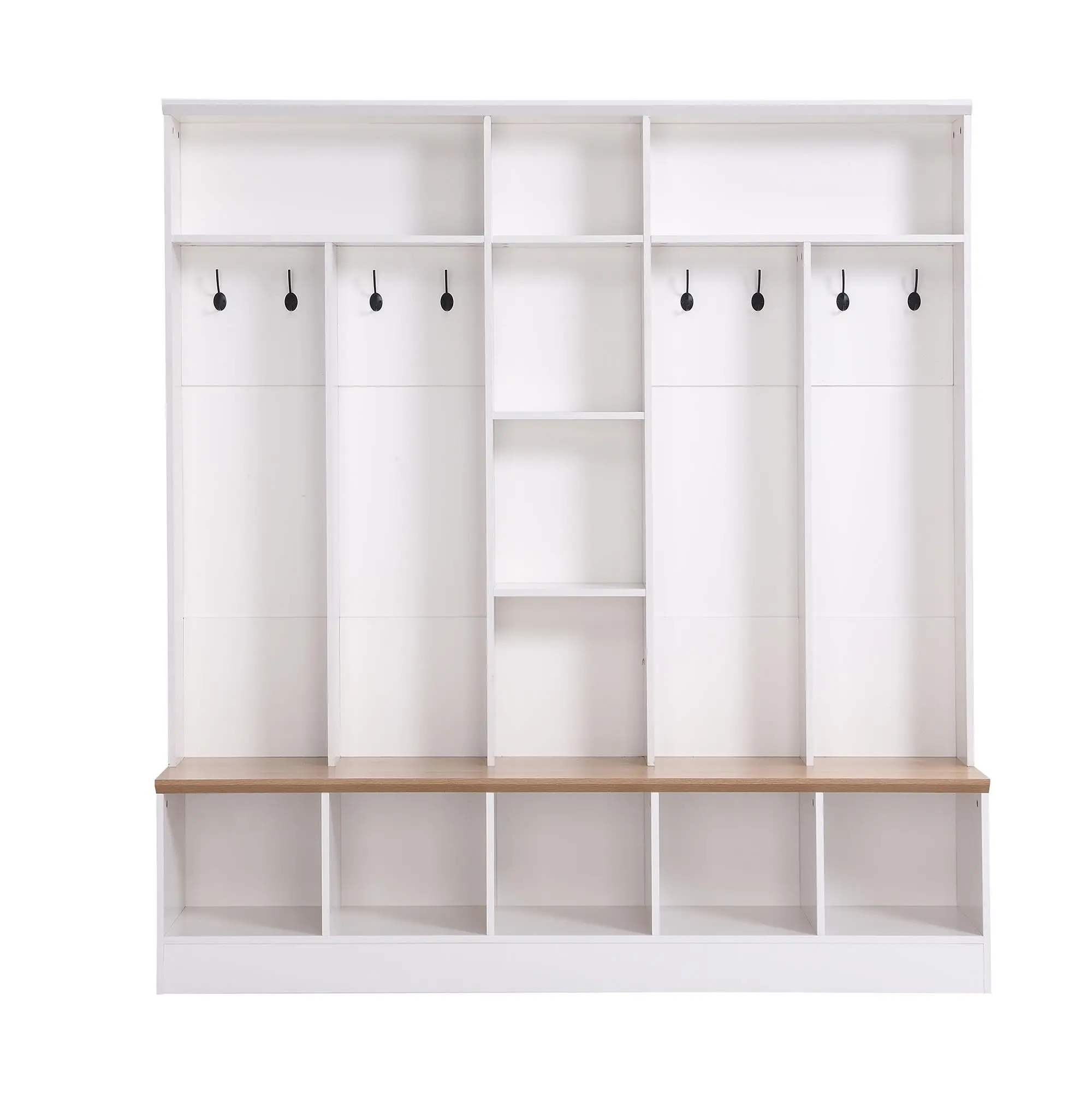 Minimalist Wide Hall Tree & Storage Bench, Multifunctional Coat Rack with 8 Hooks & Cube Shelves for Entryway, Mudroom - White