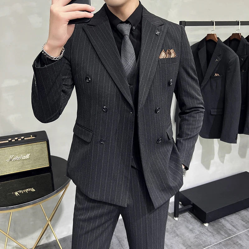 2023 Fashion Men Casual Boutique Business Slim Wedding Striped Double Breasted Suit 3 Pcs Set Blazers Jacket Pants Vest Trousers