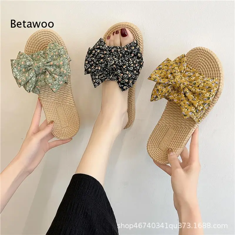 Trendy Bowknot Flower Platform Slide Sandals Women Casual Thick Sole Summer Beach Vacation Shoes