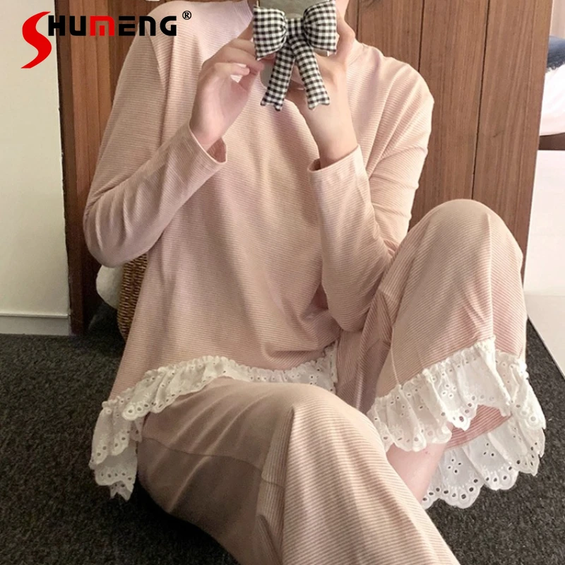 

Spring Autumn Girls Pink Striped Pajamas Women's Autumn Pure Cotton Irregular Sleep Suits Female Long Sleeve Homewear Set