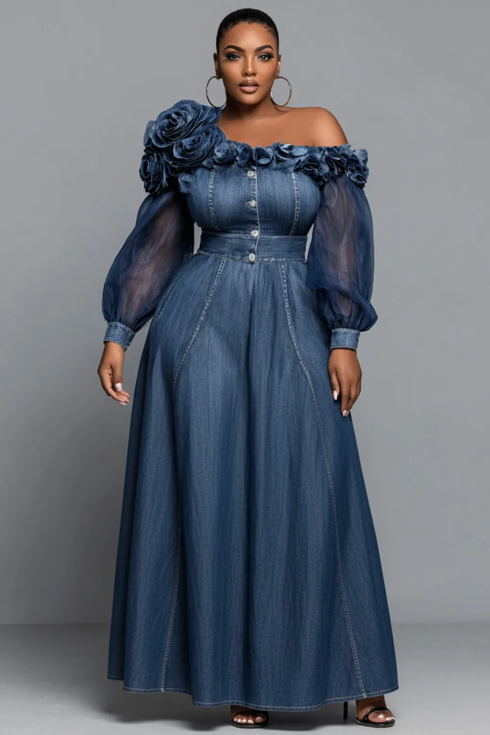 

Plus Size Wedding Guest Blue One Shoulder Long Sleeve 3D Elegant Pocket Denim Maxi Dresses