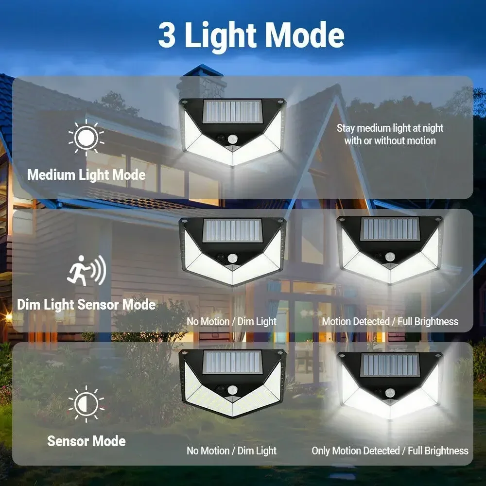 1/2/4PCS New Solar Lights Outdoor Wall Lamp PIR Motion Sensor 100LED Solar Powered Sunlight Street Light for Garden Courtyard