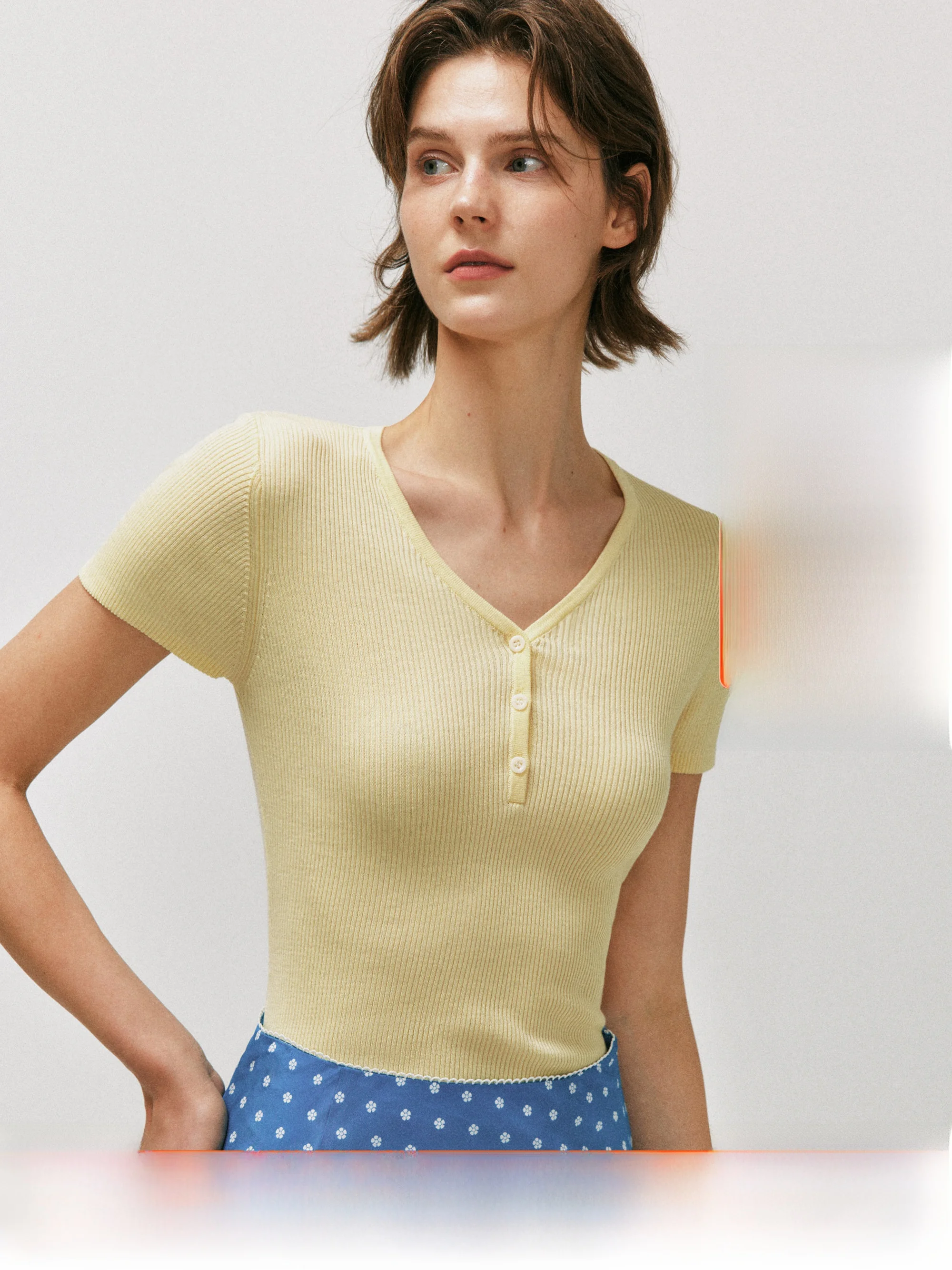 Lycra Rayon Cotton Long Staple V-neck Short Sleeve Knitted Top Soft Casual Fit Summer Fashion A4 Waist Casual Style