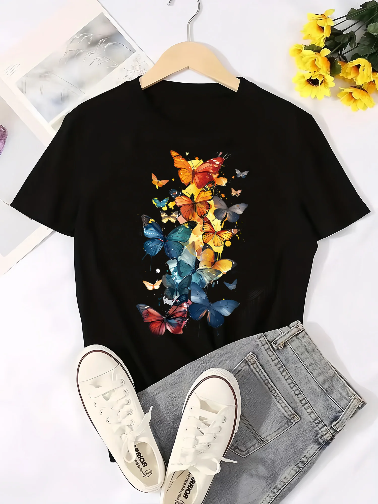 Summer Plus Size T-shirt Women Butterfly Print Short Sleeve Round Neck Loose Tops Streetwear Oversize Black T Shirt for Women