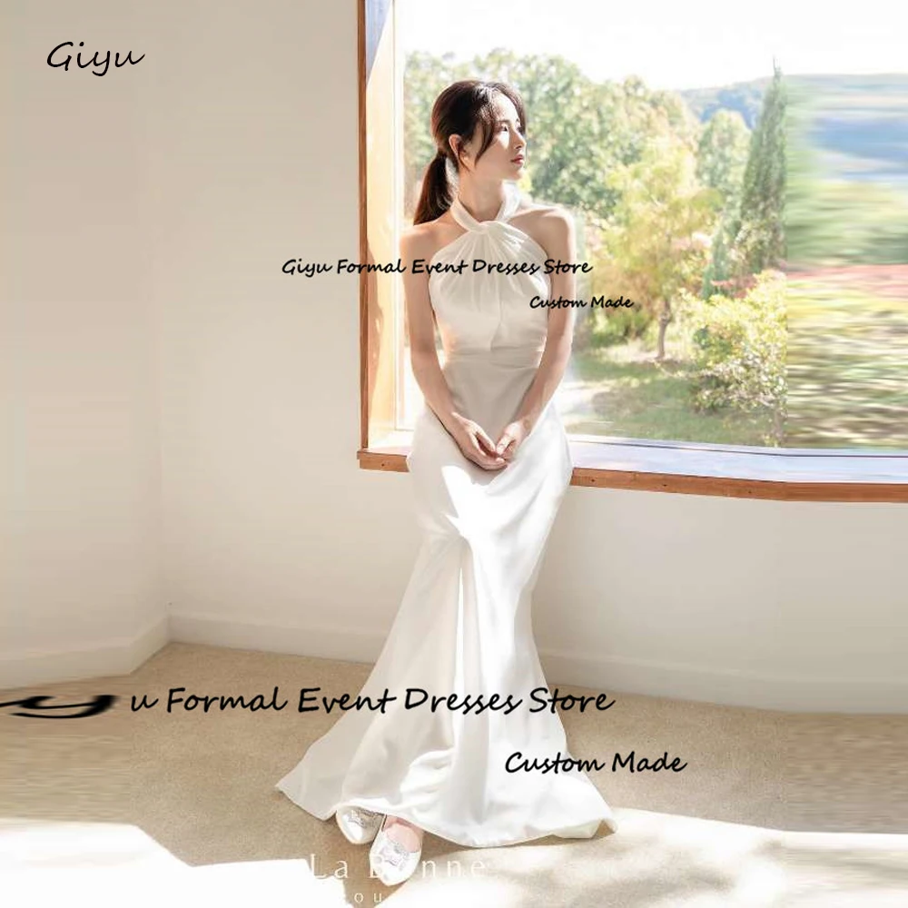 

Giyu Simple Mermaid Wedding Dresses Korea Photoshoot Halter Sleevelss Floor Length Soft Satin Bridal Dress Floor Length Backless