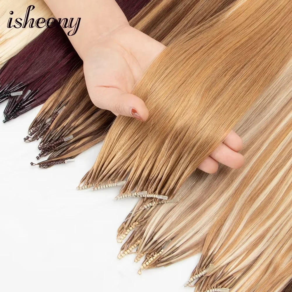 Isheeny 8D Estensioni Dei Capelli Umani Bionda 12 "16" 20 "Nano Anello Estensioni di Collegamento 0.6 g/s Macchina Remy Umani Microlink Perline Capelli