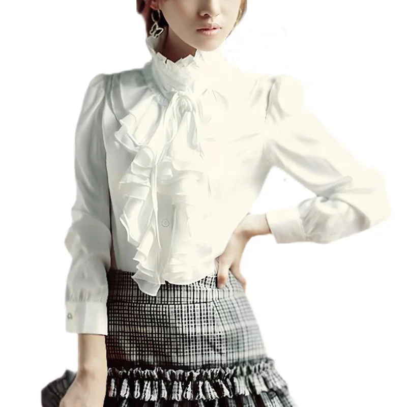 Ruffled Design Stand Collar Women White Lolita Shirt 2024 Spring Ladies Long Sleeve Gothic Chiffon Blouse