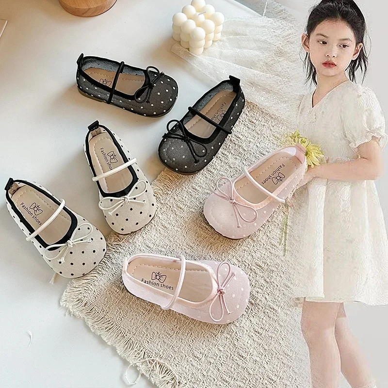 Spring Summer Kids Mesh Mary Jane Shoes Polka Dot Pattern Bow Decor Sweet Princess Flat Girls Performance Dress Shoes