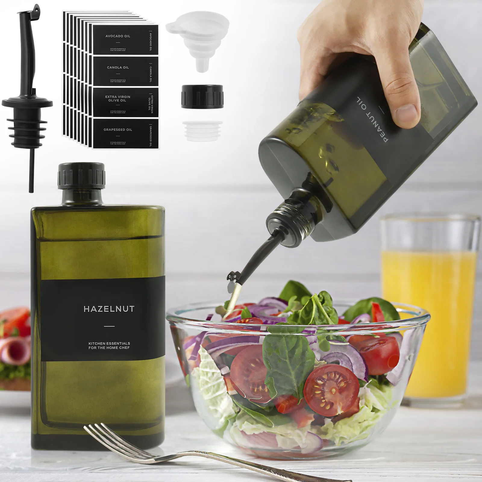 Bouteille en verre d'huile d'olive, distributeur de vinaigre de Sauce soja avec étiquette, entonnoir en Silicone, bouteille d'huile de grande capacité pour accessoire de cuisine 2 pièces