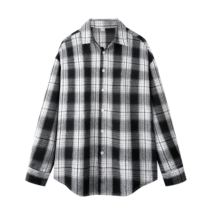 Unisex Plaid Button Down Shirt Men Women Spring Casual Long Sleeve Blue Brown Checkered Loose Fit Basic Daily Wear Top view 2