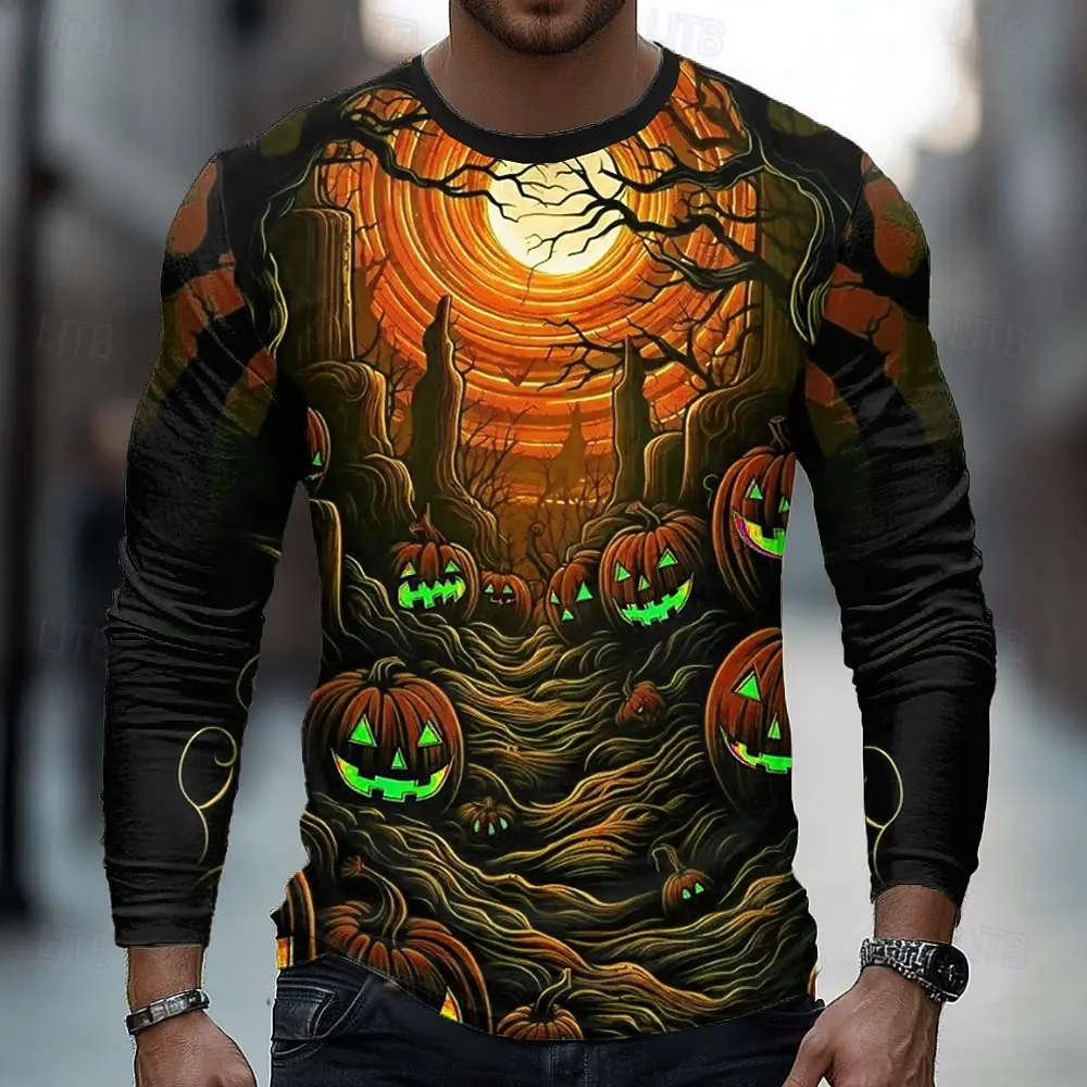 Men Halloween Glowing Pumpkin Graveyard Moon Tree 3D Print Long Sleeve T Shirt
