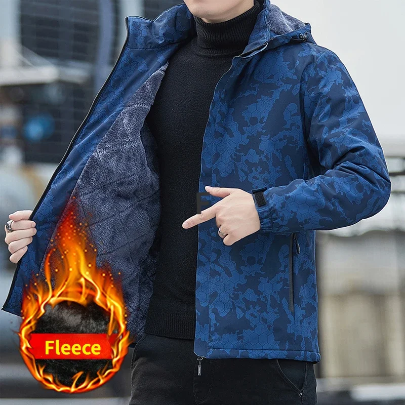 

New Mens Camouflage Fleece Waterproof Jackets Autumn Winter Casual Man Windbreaker Warm Thick Hoodied Brands Coats