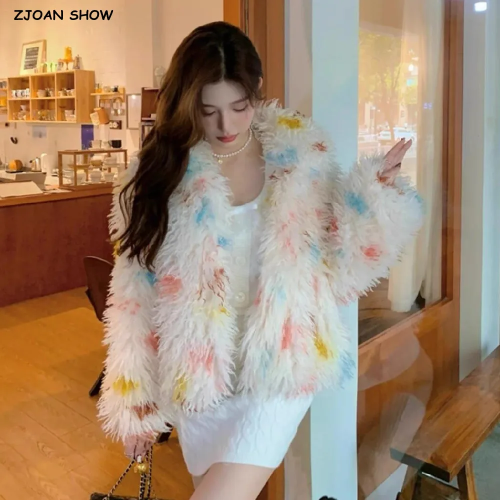 

Зимнее цветное пальто в горошек с принтом тай-дай, длинное волосатое лохматое пальто из искусственного меха, женская пушистая короткая свободная верхняя одежда с воротником с лацканами