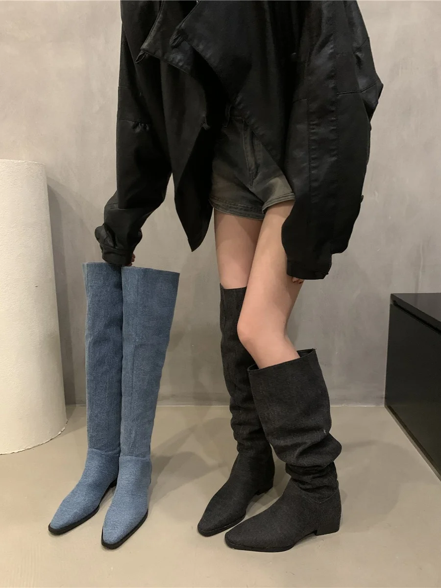 Women\'s Cowboy Boots Shoes Sexy Thigh High Heels High Sexy Winter Footwear Round Toe Denim Ladies Over-the-Knee Autumn 2023 Rub