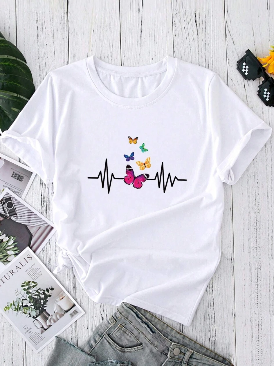 

A Dancing Butterfly Printing Female Tshirts Breathable Casual T-Shirts Summer Fashion Short Sleeve All-Match Loose T-Shirt Women