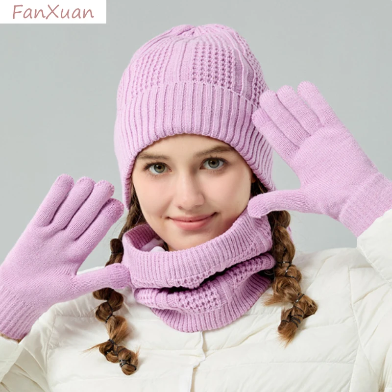 3pcs Winter Hats Scarf Gloves Set for Women Thick Plush lining double layers Beanies Snood Set Female purple orange green blue view 3