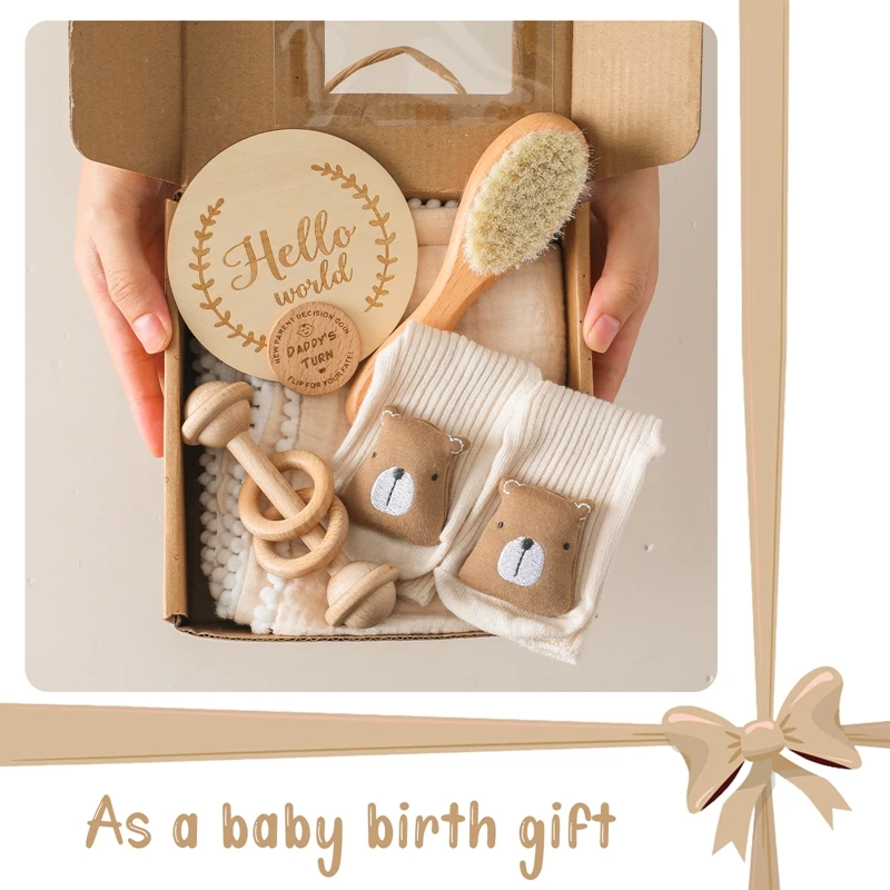 Baby Gift Set Newborn Infant Baby Towel Newborn Bath Toy Baby Drool Towel  Wood Rattle  Growth Milestone  Wool Brush  Baby Socks