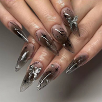 RTAUG 24PCS Long Press On NailsStiletto Black Silver Bowknot Dissymmetry Fake Nails Powder Full Cover Fake Nail Set Cheap Nails