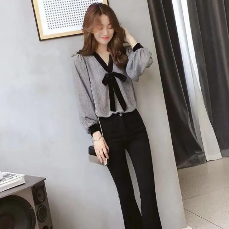 Elegant Fashion V-Neck Bow Ladies Pullovers 2023 Spring Summer Women\'s Clothing Shirt Korean Weave Pattern Long Sleeve Blouses