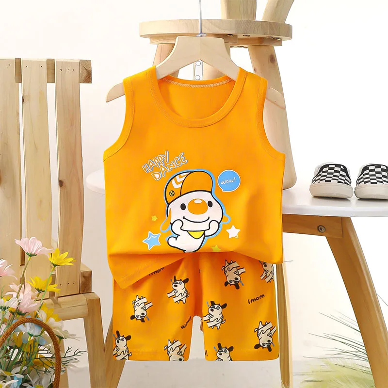 Boys Vest Set Summer Cotton New Clothes Children\'s Sleeveless Cartoon Wool Comfort Set Class A Thin Two-piece Set for 6-9months