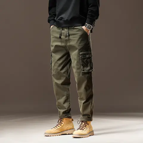 Pantaloni cargo casual autunnali da uomo con tasche laterali e coulisse – Pantaloni da lavoro versatili in puro cotone stile giapponese da indossare ogni giorno