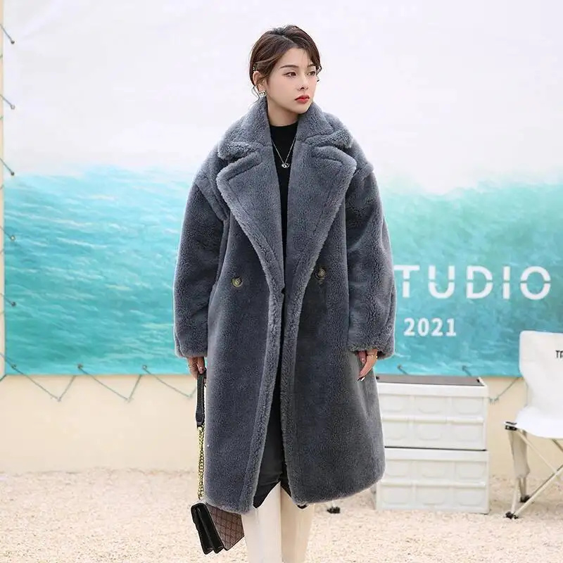 

Women Woolen Coats Autumn Winter Loose Casual Overcoat Long Sleeve Office Lady Outerwear Fashion Sheepskin Shearling Fur Coat