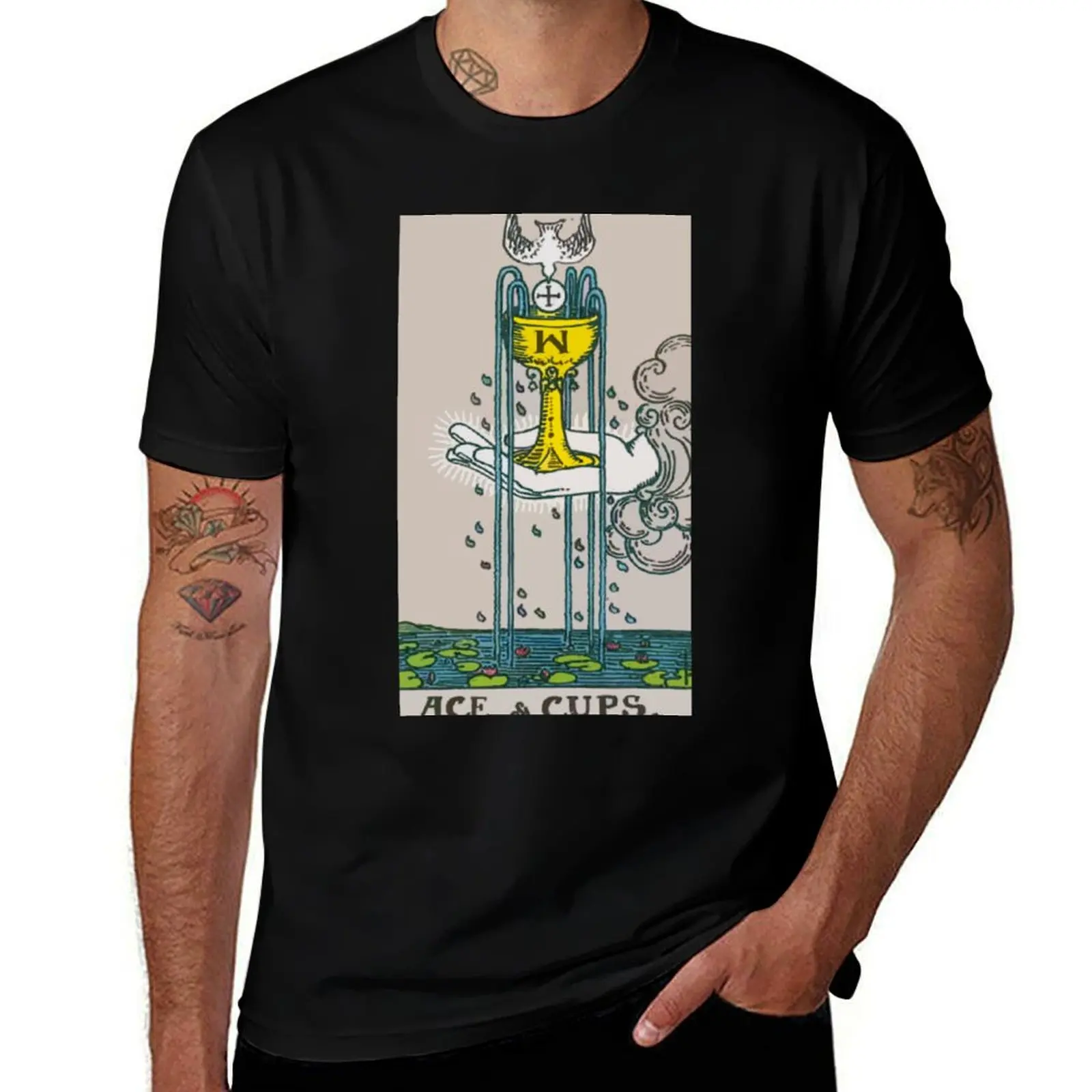 

Ace of Cups Tarot Card Rider Waite Classic T-Shirt Short sleeve tee tops mens workout shirts
